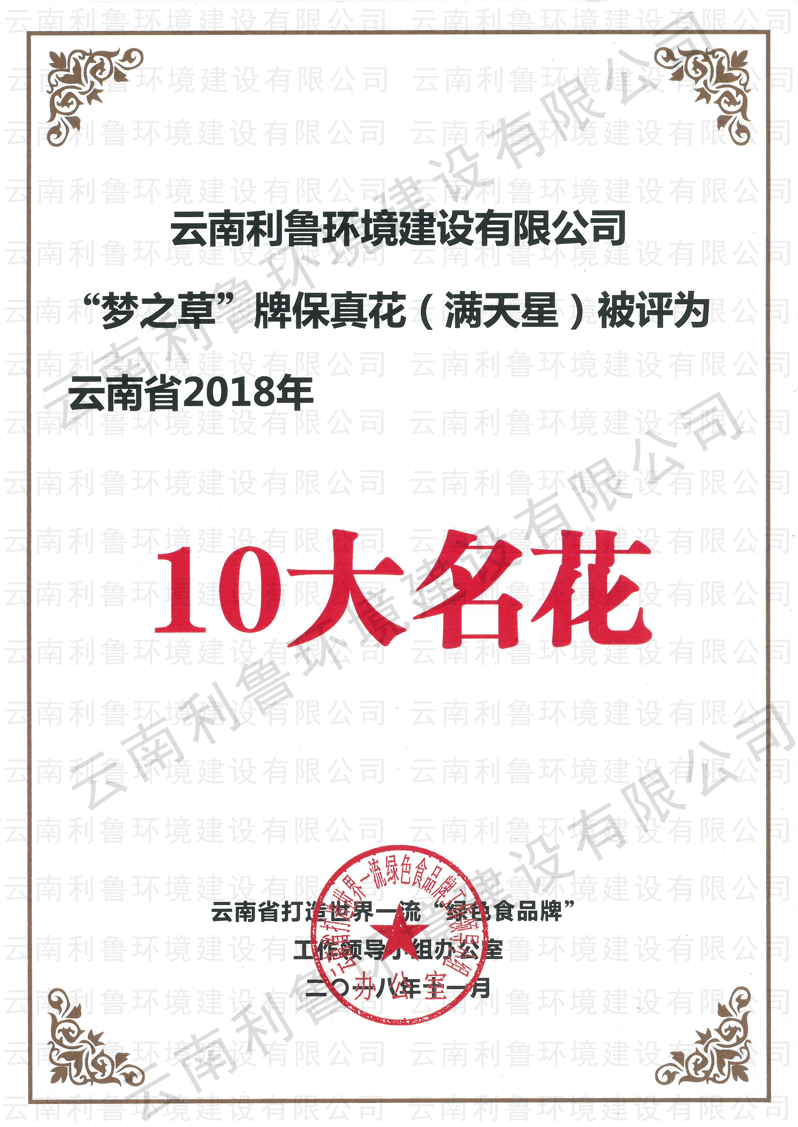 云南省2018年10大名花證書